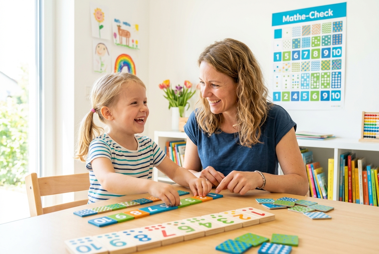 Vorschulkind und Mutter entdecken spielerisch Zahlen mit bunten Puzzle-Karten